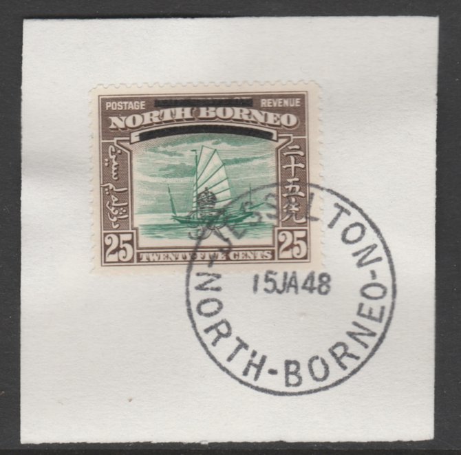 North Borneo 1947 KG6 Crown Colony 25c SG 345 on piece with full strike of Madame Joseph forged postmark type 311, stamps on animals, stamps on apes