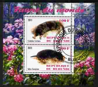 Burundi 2011 Fauna of the World - Moles perf sheetlet containing 2 values fine cto used, stamps on animals, stamps on moles