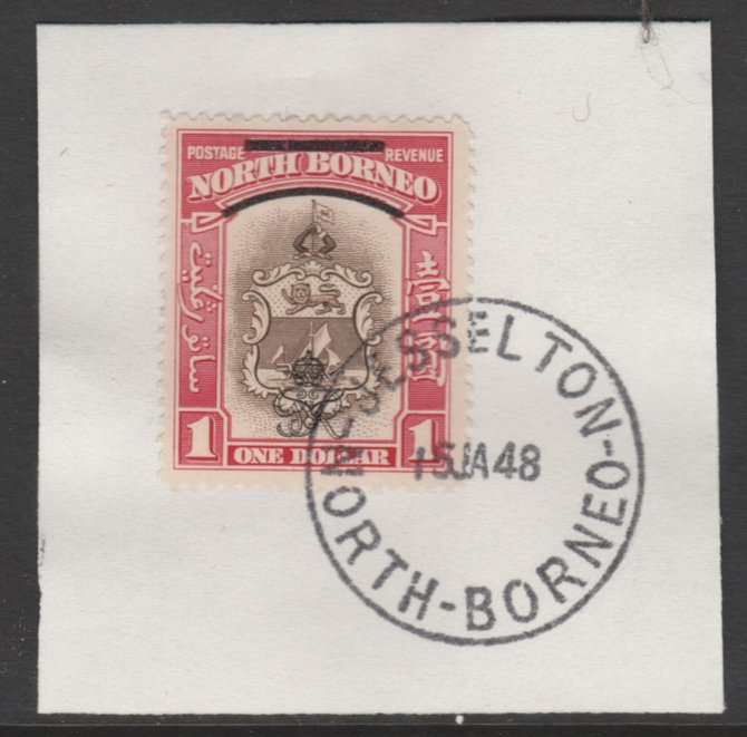 North Borneo 1947 KG6 Crown Colony $1 SG 347 on piece with full strike of Madame Joseph forged postmark type 311, stamps on animals, stamps on apes