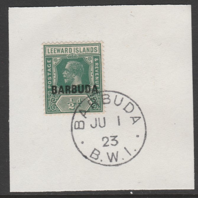 Barbuda 1922 overprint on Leeward Islands 1/2d green SG 1 on piece with full strike of Madame Joseph forged postmark type 50, stamps on , stamps on  kg5 , stamps on 