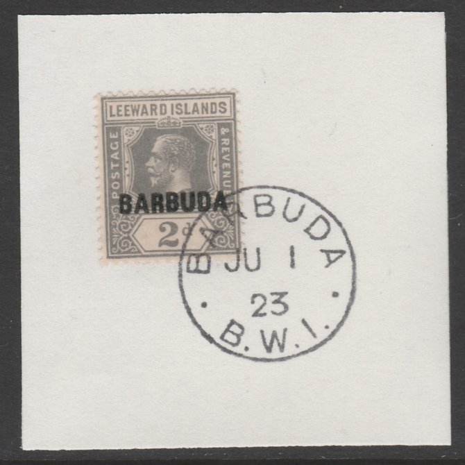 Barbuda 1922 overprint on Leeward Islands 2d grey SG 3 on piece with full strike of Madame Joseph forged postmark type 50, stamps on , stamps on  kg5 , stamps on 