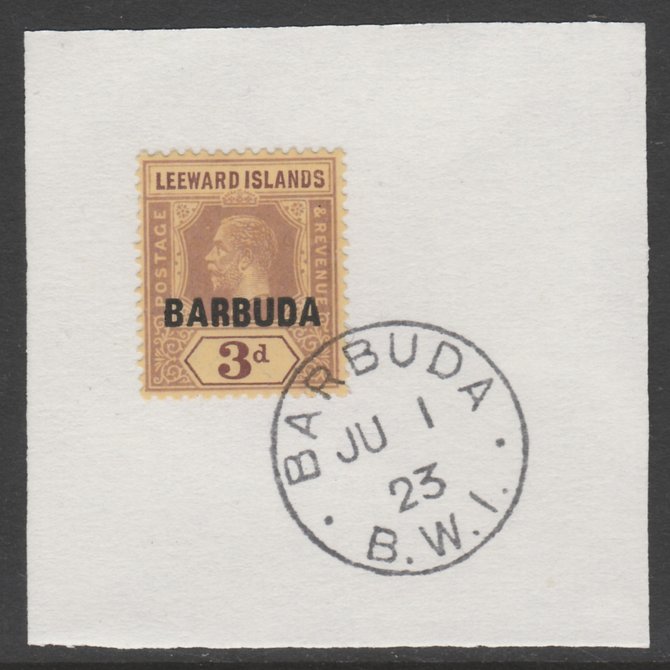Barbuda 1922 overprint on Leeward Islands 3d purple on pale yellow SG 9 on piece with full strike of Madame Joseph forged postmark type 50, stamps on , stamps on  kg5 , stamps on 