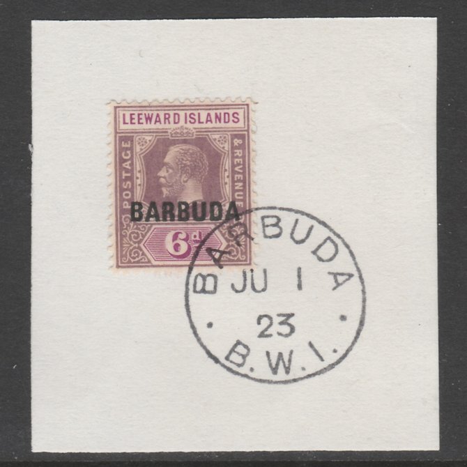 Barbuda 1922 overprint on Leeward Islands 6d dull & bright purple SG 5 on piece with full strike of Madame Joseph forged postmark type 50, stamps on , stamps on  kg5 , stamps on 