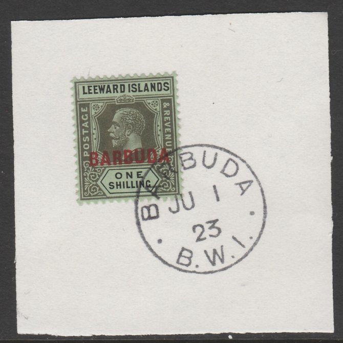 Barbuda 1922 overprint on Leeward Islands 1s black on emerald SG 10 on piece with full strike of Madame Joseph forged postmark type 50, stamps on , stamps on  kg5 , stamps on 