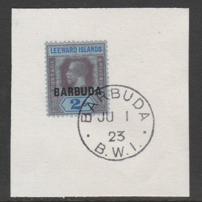 Barbuda 1922 overprint on Leeward Islands 2s purple & blue on blue SG 6 on piece with full strike of Madame Joseph forged postmark type 50, stamps on , stamps on  kg5 , stamps on 
