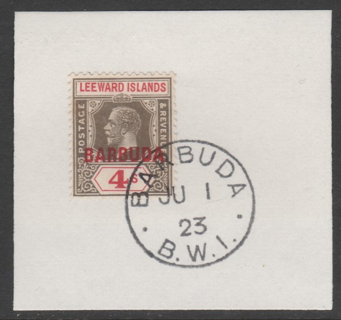 Barbuda 1922 overprint on Leeward Islands 4s black & red SG 8 on piece with full strike of Madame Joseph forged postmark type 50, stamps on , stamps on  kg5 , stamps on 