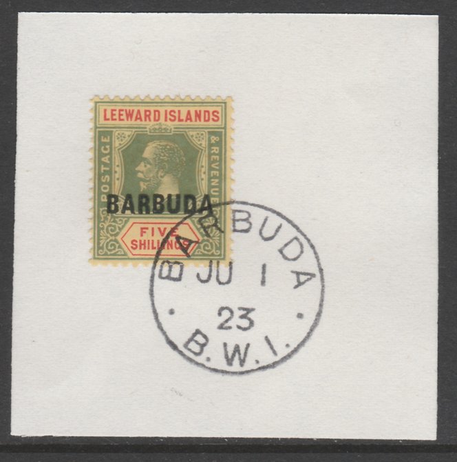 Barbuda 1922 overprint on Leeward Islands 5s green & red on yellow SG 11 on piece with full strike of Madame Joseph forged postmark type 50, stamps on , stamps on  kg5 , stamps on 