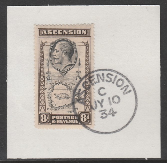 Ascension 1934 KG5 Pictorial 8d Map SG 27 on piece with full strike of Madame Joseph forged postmark type 21, stamps on , stamps on  kg5 , stamps on mountains