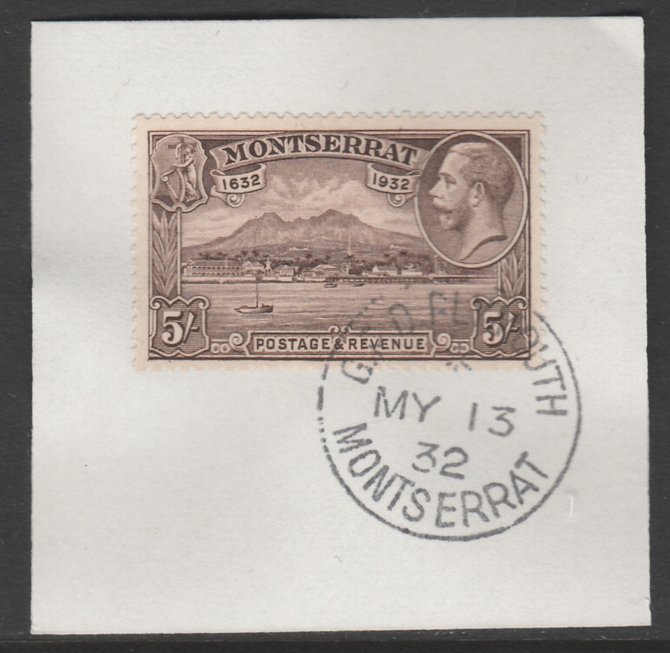 Montserrat 1932 KG5 Pictorial 5s chocolate (SG 93) on piece with full strike of Madame Joseph forged postmark type 258, stamps on , stamps on  kg5 , stamps on 