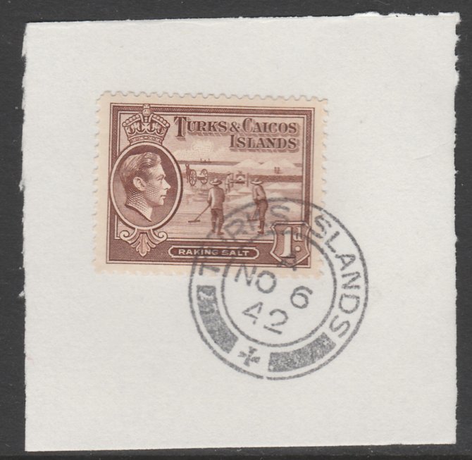 Turks & Caicos Islands 1938 KG6 Raking Salt 1d red-brown  SG 196 on piece with full strike of Madame Joseph forged postmark type 427, stamps on salt, stamps on herbs, stamps on spices, stamps on food, stamps on , stamps on  kg6 , stamps on , stamps on minerals