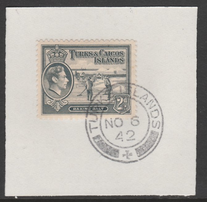 Turks & Caicos Islands 1938 KG6 Raking Salt 2d grey  SG 198 on piece with full strike of Madame Joseph forged postmark type 427, stamps on salt, stamps on herbs, stamps on spices, stamps on food, stamps on , stamps on  kg6 , stamps on , stamps on minerals
