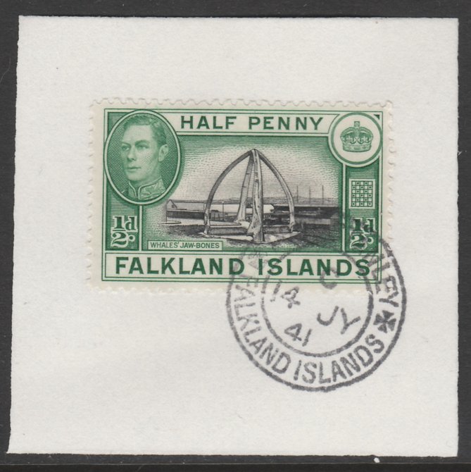 Falkland Islands 1938-50 KG6 Whales Jawbones 1/2d SG 146 on piece with full strike of Madame Joseph forged postmark type 156, stamps on whales, stamps on  kg6 , stamps on 
