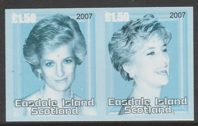 Easdale 2007 Princess Diana \A31.50 #4 imperf se-tenant proof pair in blue, black & grey only, unmounted mint, stamps on 