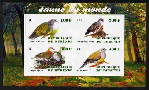 Burundi 2011 Fauna of the World - Pigeons & Doves imperf sheetlet containing 4 values unmounted mint, stamps on birds, stamps on pigeons, stamps on doves