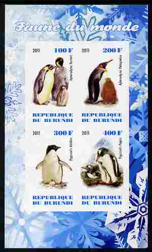 Burundi 2011 Fauna of the World - Penguins imperf sheetlet containing 4 values unmounted mint, stamps on birds, stamps on penguins, stamps on polar