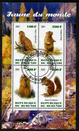Burundi 2011 Fauna of the World - Mammals (Squirrels & Marmots) perf sheetlet containing 4 values fine cto used, stamps on animals, stamps on mammals, stamps on squirrels, stamps on rodents
