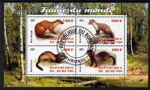 Burundi 2011 Fauna of the World - Mammals (Martens & Polecats) perf sheetlet containing 4 values fine cto used, stamps on animals, stamps on mammals, stamps on martens, stamps on polecats