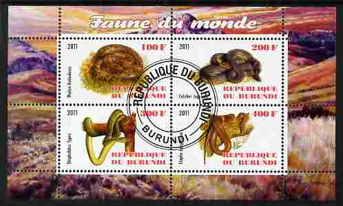 Burundi 2011 Fauna of the World - Reptiles - Snakes #1 perf sheetlet containing 4 values fine cto used, stamps on animals, stamps on reptiles, stamps on snakes