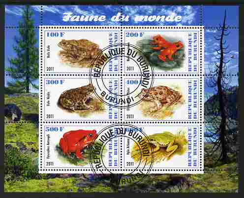 Burundi 2011 Fauna of the World - Amphibians (Frogs & Toads) perf sheetlet containing 6 values fine cto used, stamps on animals, stamps on reptiles, stamps on amphibians, stamps on frogs, stamps on toads