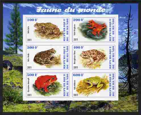 Burundi 2011 Fauna of the World - Amphibians (Frogs & Toads) imperf sheetlet containing 6 values unmounted mint, stamps on , stamps on  stamps on animals, stamps on  stamps on reptiles, stamps on  stamps on amphibians, stamps on  stamps on frogs, stamps on  stamps on toads