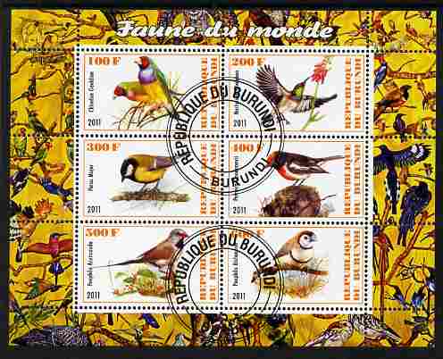 Burundi 2011 Fauna of the World - Birds perf sheetlet containing 6 values fine cto used, stamps on birds, stamps on 