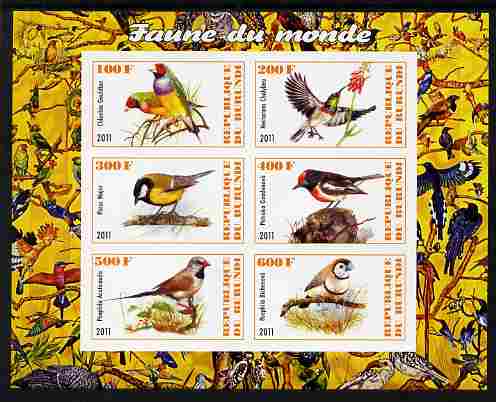 Burundi 2011 Fauna of the World - Birds imperf sheetlet containing 6 values unmounted mint, stamps on birds, stamps on 