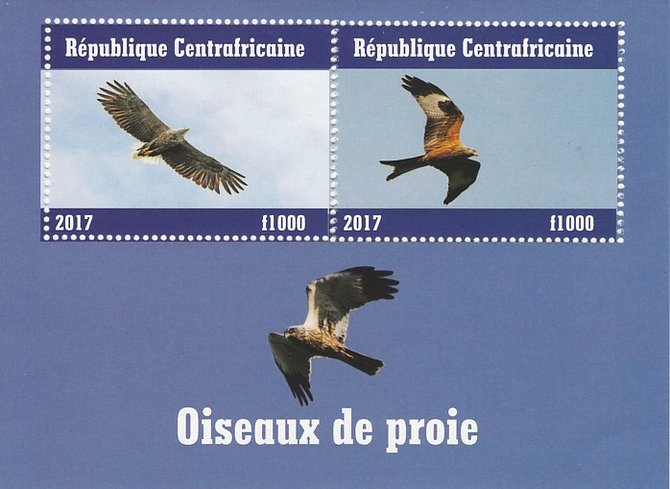 Central African Republic 2017 Birds of Prey #1 perf sheetlet containing 2 values unmounted mint. Note this item is privately produced and is offered purely on its themati..., stamps on birds, stamps on prey