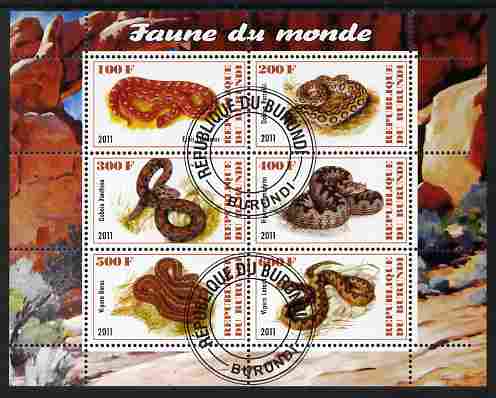 Burundi 2011 Fauna of the World - Reptiles - Snakes #2 perf sheetlet containing 6 values fine cto used, stamps on animals, stamps on reptiles, stamps on snakes