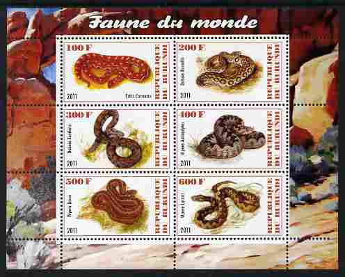 Burundi 2011 Fauna of the World - Reptiles - Snakes #2 perf sheetlet containing 6 values unmounted mint, stamps on animals, stamps on reptiles, stamps on snakes