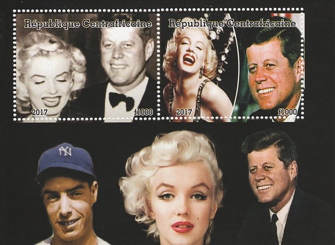 Central African Republic 2017 Marilyn Monroe & JFK perf sheetlet containing 2 values unmounted mint. Note this item is privately produced and is offered purely on its thematic appeal, stamps on marilyn, stamps on kennedy, stamps on americana