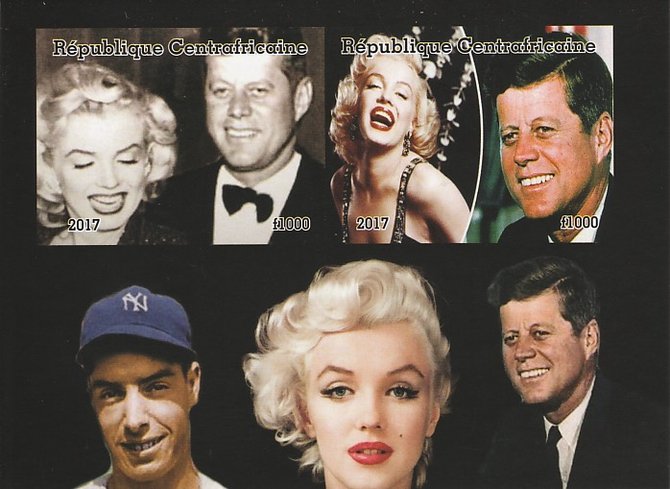 Central African Republic 2017 Marilyn Monroe & JFK imperf sheetlet containing 2 values unmounted mint. Note this item is privately produced and is offered purely on its thematic appeal, stamps on marilyn, stamps on kennedy, stamps on americana