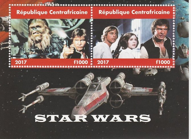Central African Republic 2017 Star Wars #1 perf sheetlet containing 2 values unmounted mint. Note this item is privately produced and is offered purely on its thematic ap..., stamps on films, stamps on cinema, stamps on movies, stamps on sci-fi, stamps on star wars