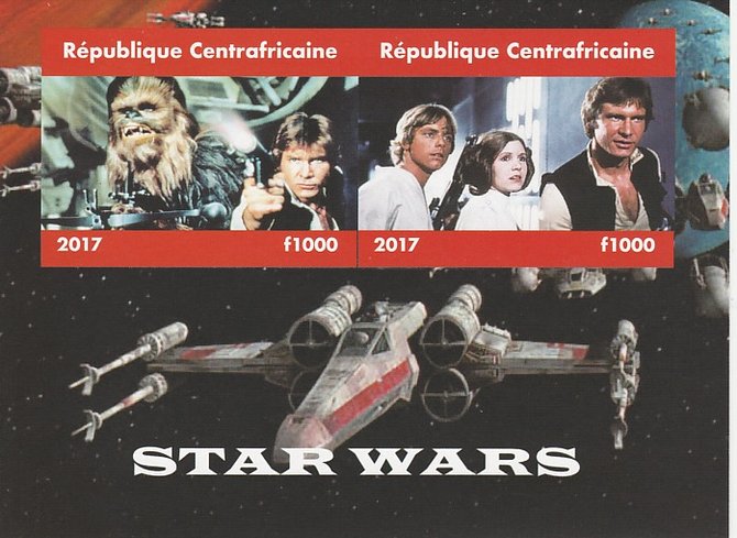 Central African Republic 2017 Star Wars #1 imperf sheetlet containing 2 values unmounted mint. Note this item is privately produced and is offered purely on its thematic appeal, stamps on , stamps on  stamps on films, stamps on  stamps on cinema, stamps on  stamps on movies, stamps on  stamps on sci-fi, stamps on  stamps on star wars