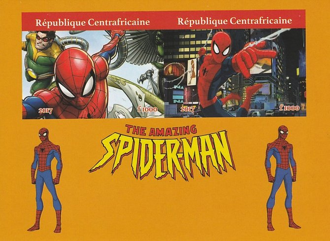Central African Republic 2017 Spiderman imperf sheetlet containing 2 values unmounted mint. Note this item is privately produced and is offered purely on its thematic appeal, stamps on films, stamps on cinema, stamps on movies, stamps on sci-fi, stamps on spiderman