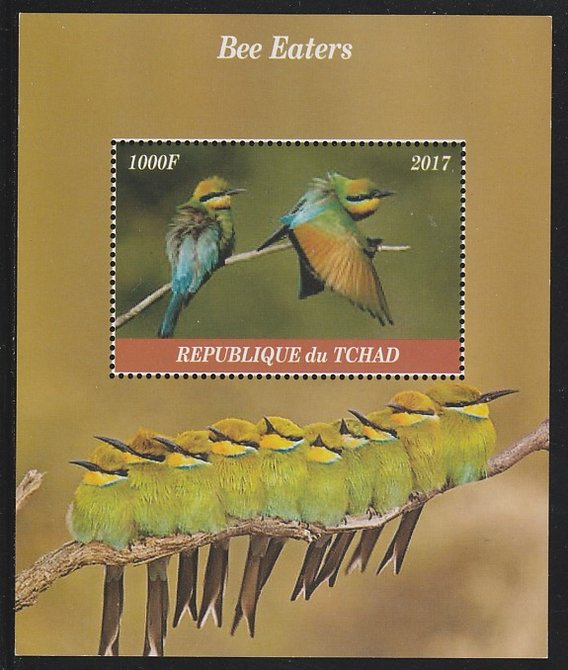 Chad 2017 Bee Eaters perf s/sheet containing 1 value unmounted mint. Note this item is privately produced and is offered purely on its thematic appeal. . , stamps on birds, stamps on bee eaters