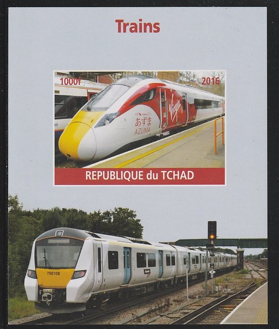 Chad 2016 Modern Trains #1 imperf s/sheet containing 1 value unmounted mint. Note this item is privately produced and is offered purely on its thematic appeal. . , stamps on railways