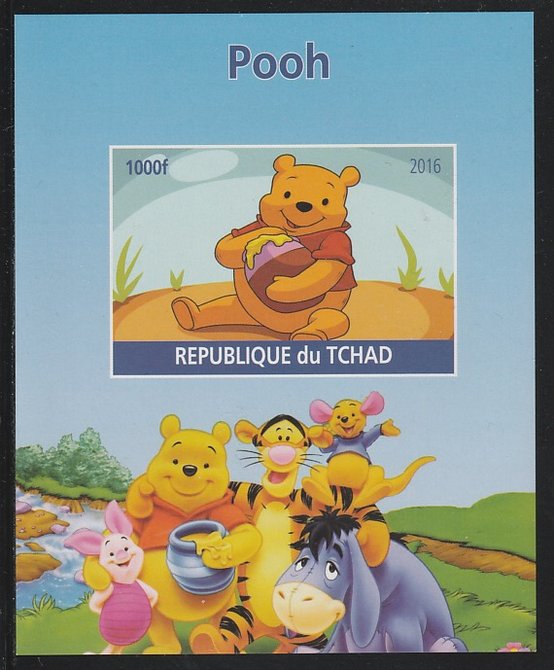 Chad 2016 Pooh Bear imperf s/sheet containing 1 value unmounted mint. Note this item is privately produced and is offered purely on its thematic appeal. . , stamps on disney, stamps on films, stamps on cinema, stamps on movies, stamps on pooh, stamps on bears
