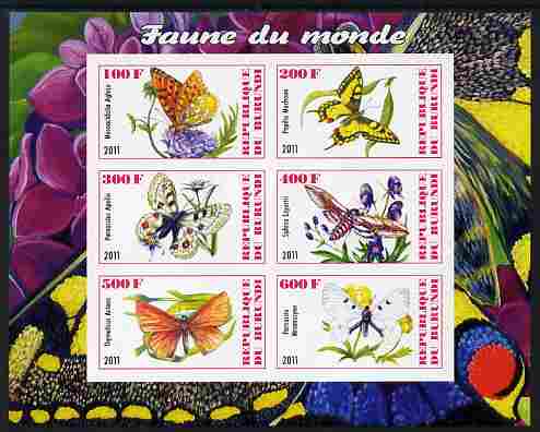 Burundi 2011 Fauna of the World - Butterflies imperf sheetlet containing 6 values unmounted mint, stamps on butterflies