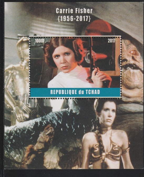 Chad 2017 Carrie Fisher perf s/sheet containing 1 value unmounted mint. Note this item is privately produced and is offered purely on its thematic appeal. . , stamps on personalities, stamps on sci-fi, stamps on films, stamps on cinema, stamps on movies