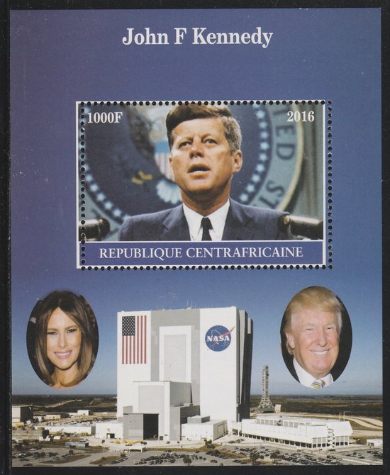Central African Republic 2016 John F Kennedy #1 perf s/sheet containing 1 value unmounted mint. Note this item is privately produced and is offered purely on its thematic..., stamps on kennedy, stamps on usa presidents, stamps on americana, stamps on nasa, stamps on space
