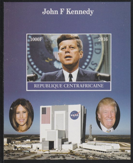 Central African Republic 2016 John F Kennedy #1 imperf s/sheet containing 1 value unmounted mint. Note this item is privately produced and is offered purely on its themat..., stamps on kennedy, stamps on usa presidents, stamps on americana, stamps on nasa, stamps on space