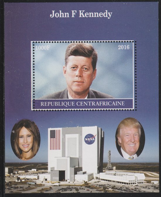 Central African Republic 2016 John F Kennedy #2 perf s/sheet containing 1 value unmounted mint. Note this item is privately produced and is offered purely on its thematic..., stamps on kennedy, stamps on usa presidents, stamps on americana, stamps on nasa, stamps on space