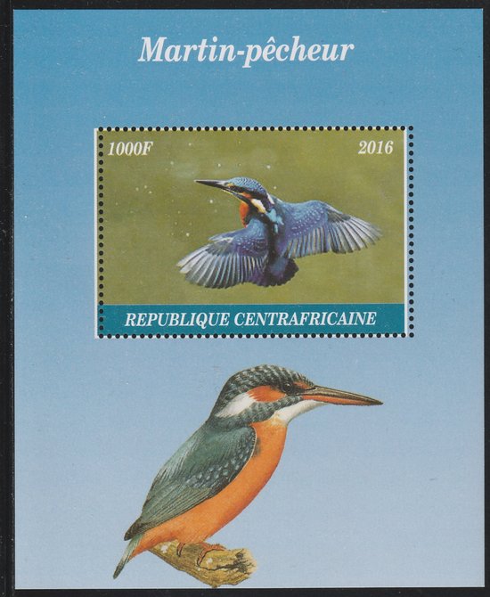 Central African Republic 2016 Kingfisher perf s/sheet containing 1 value unmounted mint. Note this item is privately produced and is offered purely on its thematic appeal, stamps on birds, stamps on kingfisher