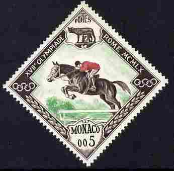 Monaco 1960 Olympic Games 5c Horse Jumping Diamond shaped unmounted mint SG 692, stamps on olympics, stamps on horses