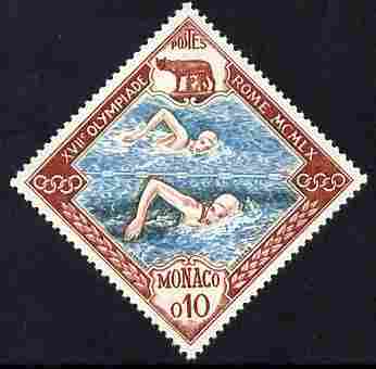 Monaco 1960 Olympic Games 10c SWimming Diamond shaped unmounted mint SG 693, stamps on olympics, stamps on swimming