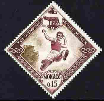 Monaco 1960 Olympic Games 15c Long Jump Diamond shaped unmounted mint SG 694, stamps on olympics, stamps on long jump