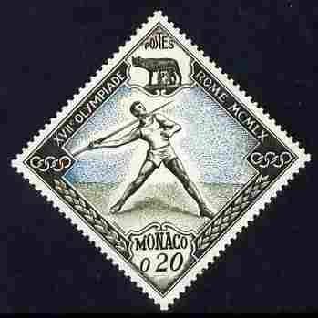 Monaco 1960 Olympic Games 20c Javelin Diamond shaped unmounted mint SG 695, stamps on olympics, stamps on javelin