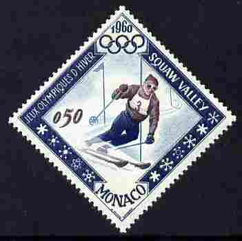 Monaco 1960 Olympic Games 50c Skiing Diamond shaped unmounted mint SG 697, stamps on olympics, stamps on skiing