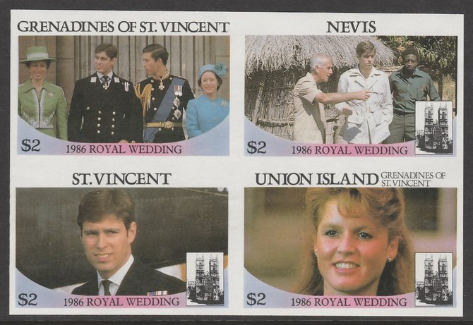 St Vincent - Grenadines 1986 Royal Wedding $2 in imperf block of 4 se-tenant with Nevis $2, St Vincent $2 and Union Island $2 unmounted mint. From an uncut trial proof sheet of which only 10 such blocks can exist. A recent discovery never previously offered., stamps on royalty       andrew & fergie