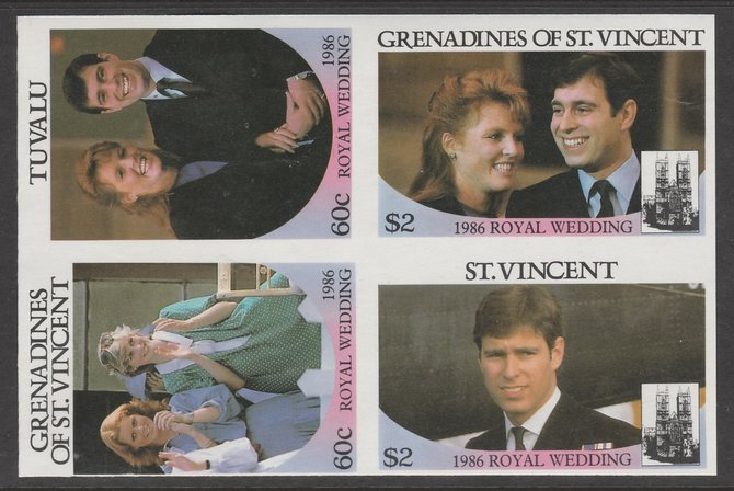 Tuvalu  1986 Royal Wedding 60c in imperf block of 4 se-tenant with St Vincent Grenadines $2 & 60c and  St Vincent $2 unmounted mint. From an uncut trial proof sheet of wh..., stamps on royalty       andrew & fergie